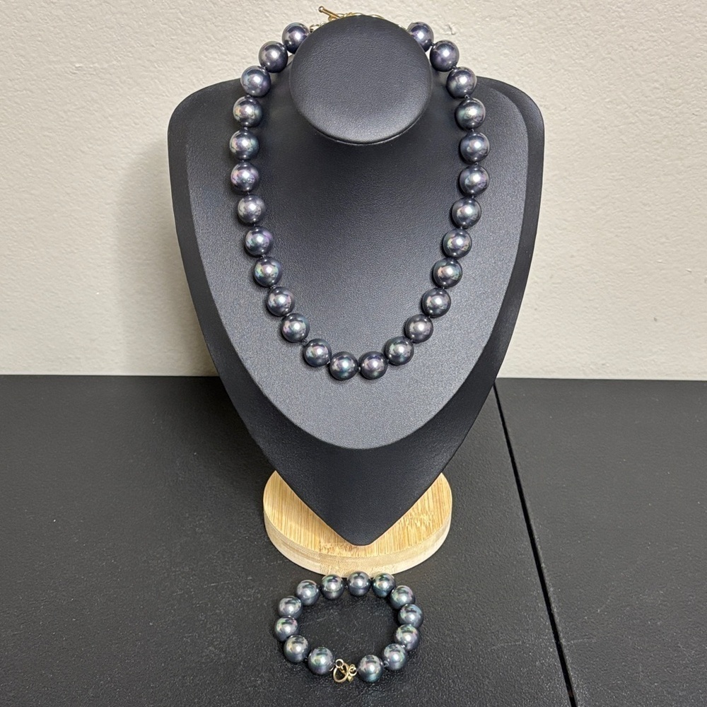 SOUTH SEA BLACK Glass PEARL NECKLACE Bracelet Set Jewelry